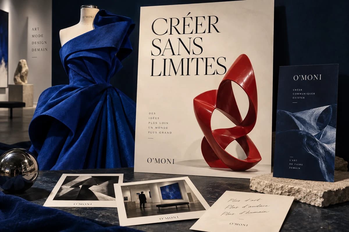 Créer sans limites : direction artistique O’MONI, couture bleue, sculpture rouge et campagne imprimée