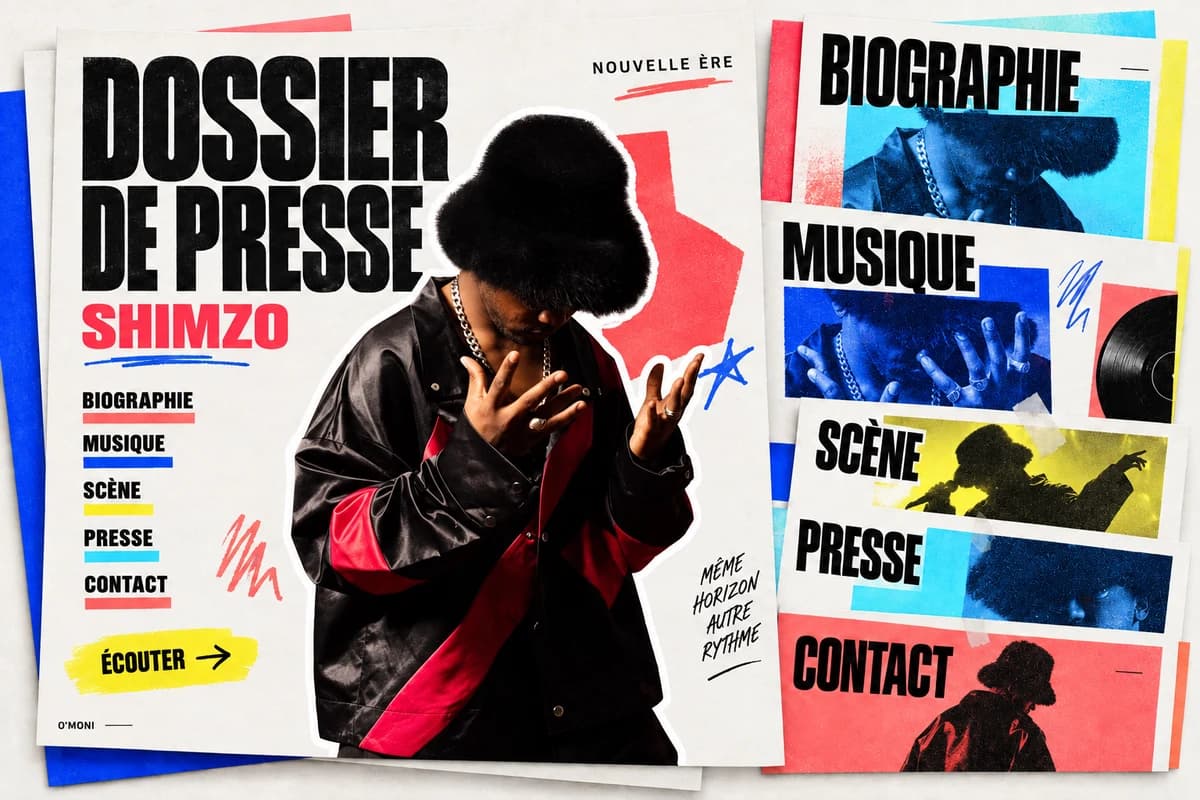 Dossier de presse Shimzo : son portrait en veste noire et rouge, dans une composition brutaliste colorée